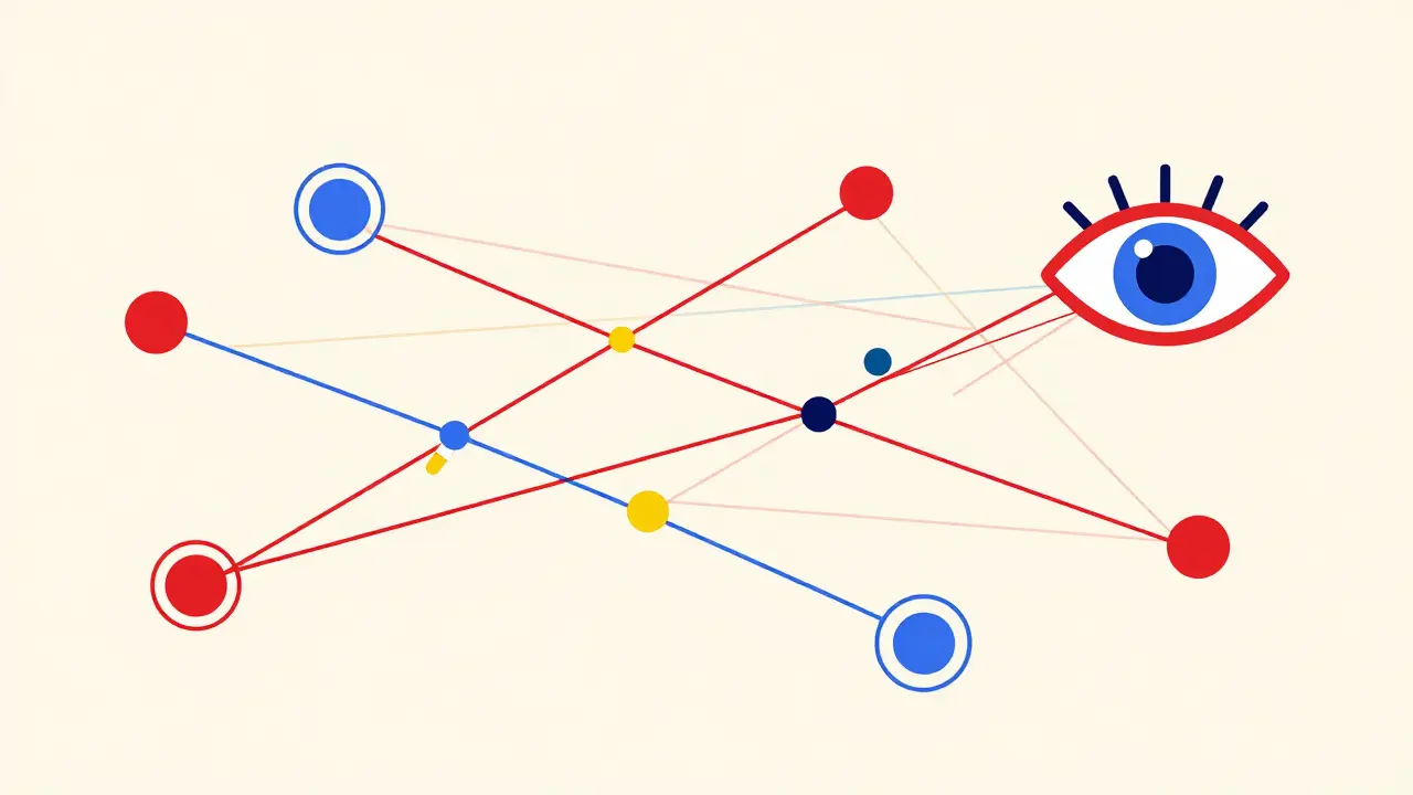 Abstract Bauhaus illustration of AI and blockchain technology tracking drug safety.