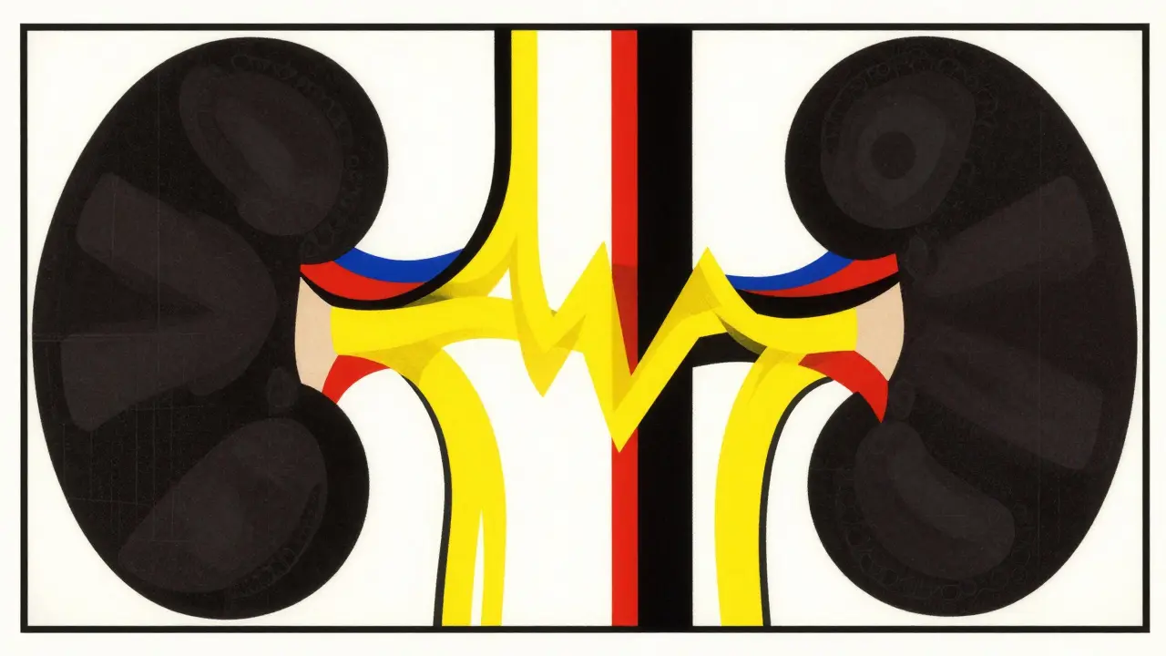 Abstract illustration of nerve damage and blocked kidney filters.