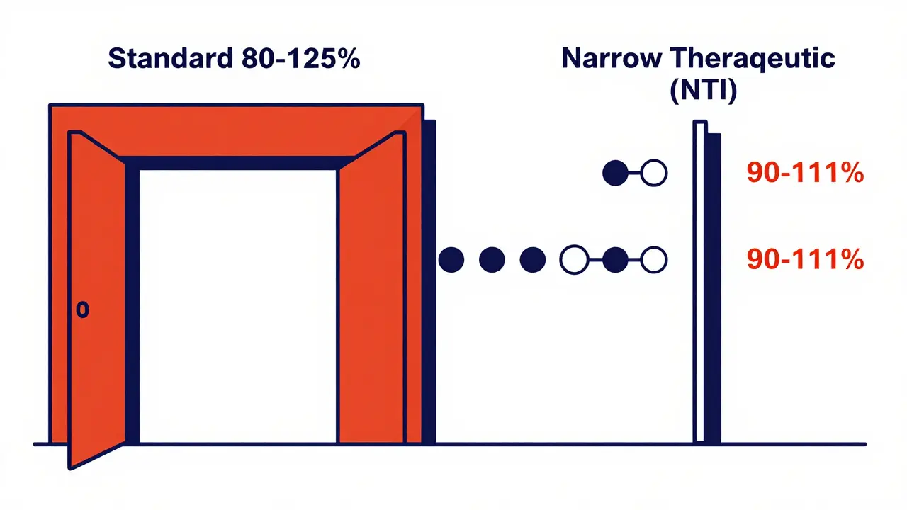 Bauhaus graphic comparing a wide and a narrow geometric opening to represent different drug standards.