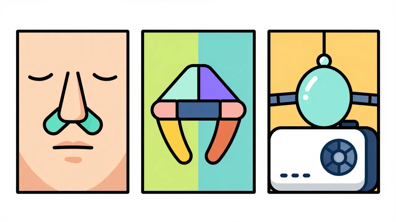 Bauhaus grid illustration showing a nasal strip, jaw device, and a CPAP machine.