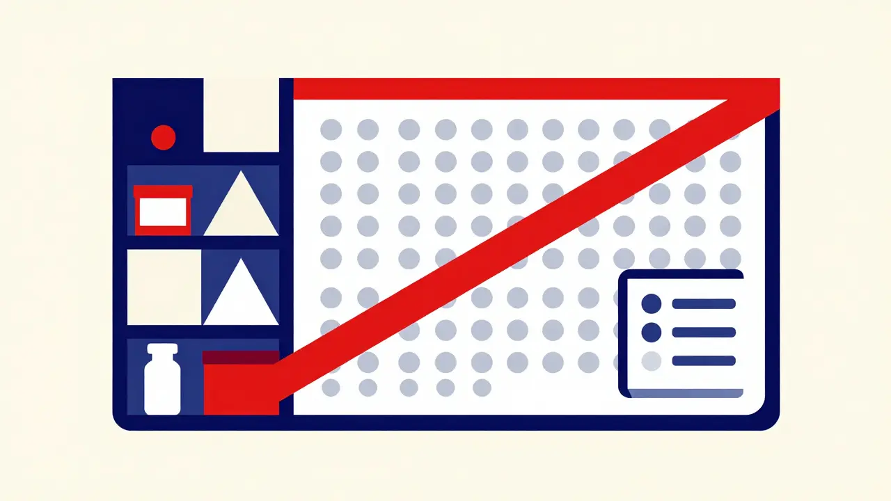 Bauhaus illustration of a grid of pills and a red diagonal line signifying a discount.
