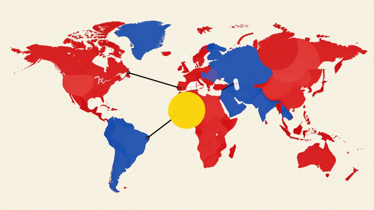 Bauhaus style abstract map with geometric pharmacy icons and connecting lines.