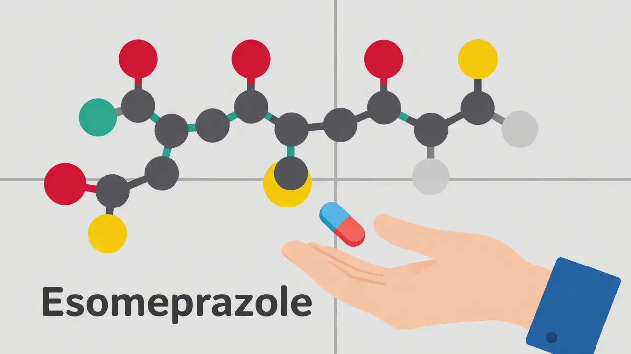 Bauhaus style abstract molecular structure and a hand reaching for a simple pill.