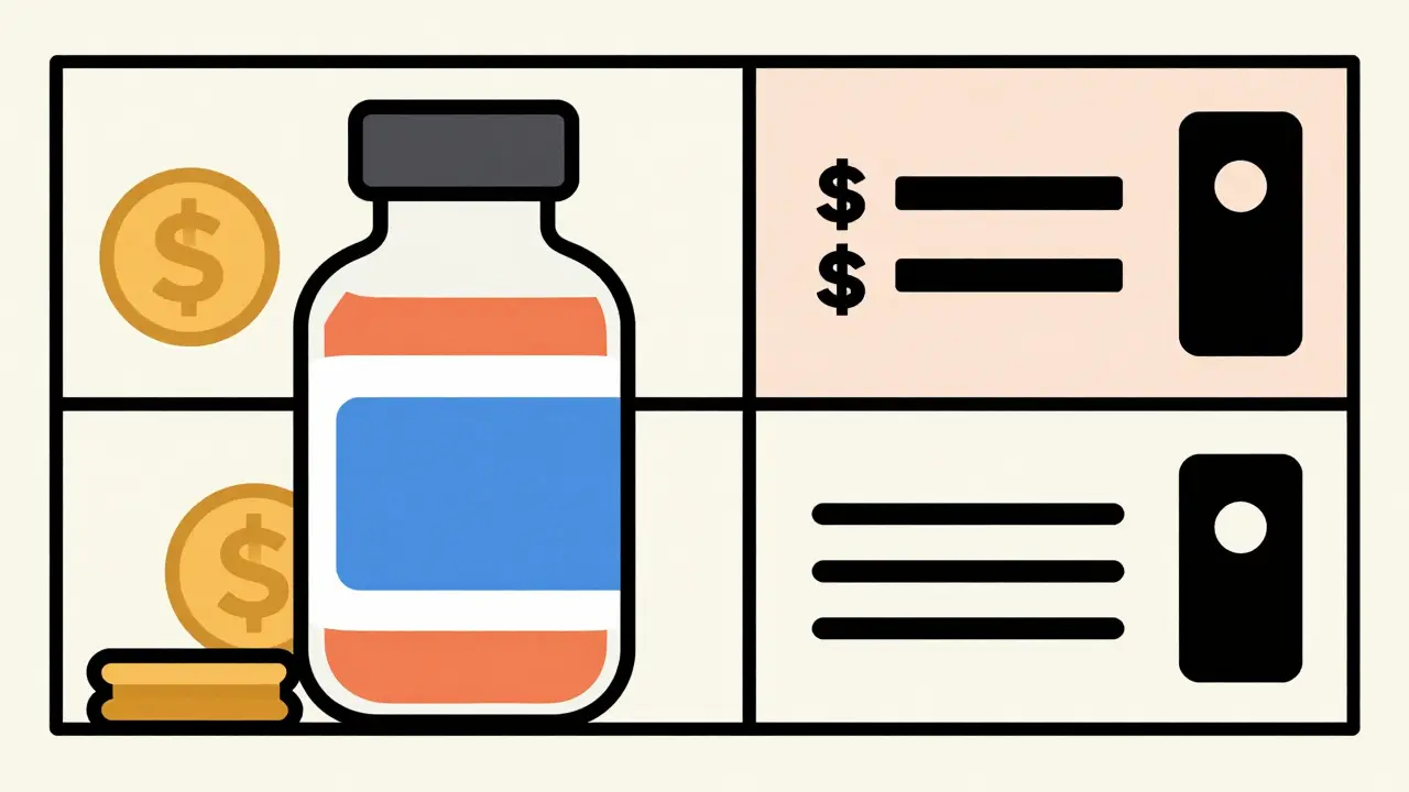 Bauhaus style graphic of a medicine bottle and discount coupons using geometric shapes.