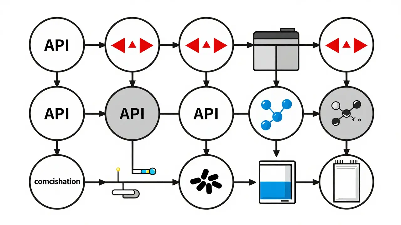 Geometric Bauhaus diagram showing a pharmaceutical supply chain with points of contamination.