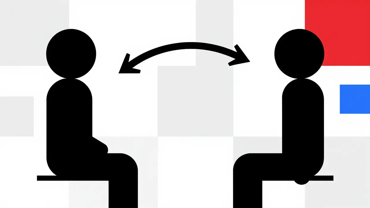 Minimalist Bauhaus illustration of a doctor and patient communicating about generic drugs.